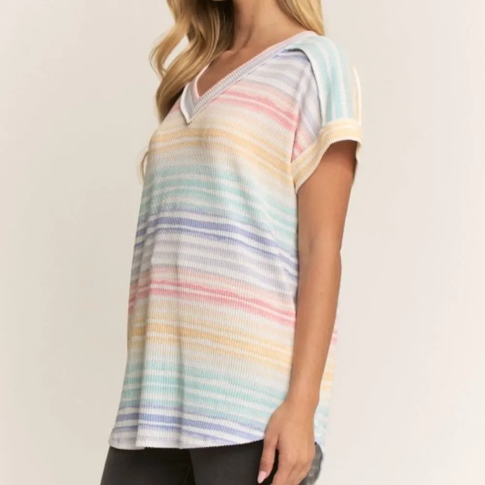 HEIMISH USA Pastel Rainbow Striped V-Neck Short Sleeve Top